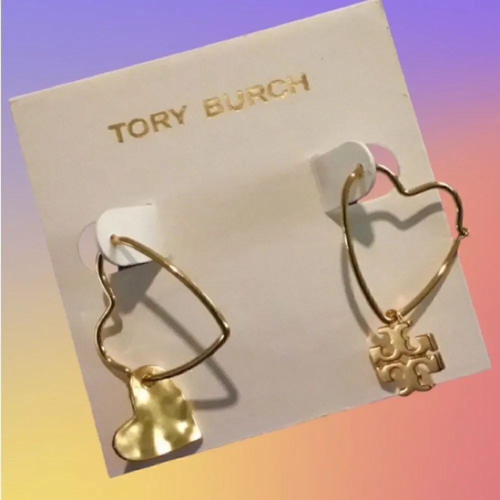 TORY BURCH HEART & LOGO DROP DANGLE EARRINGS 18K GOLD PLATED